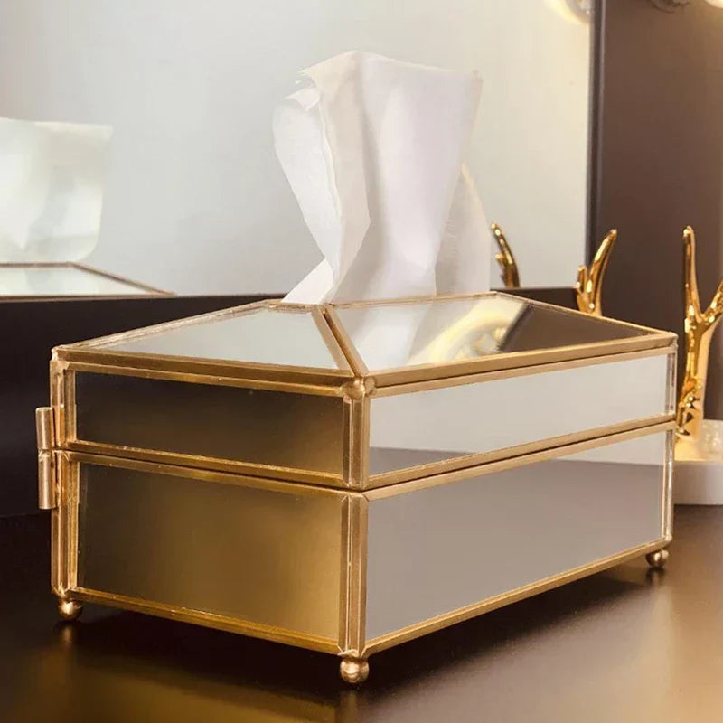 Luxury European Style Practical Mirror Glass Tissue Box r Dressing Table Tray Home Decor