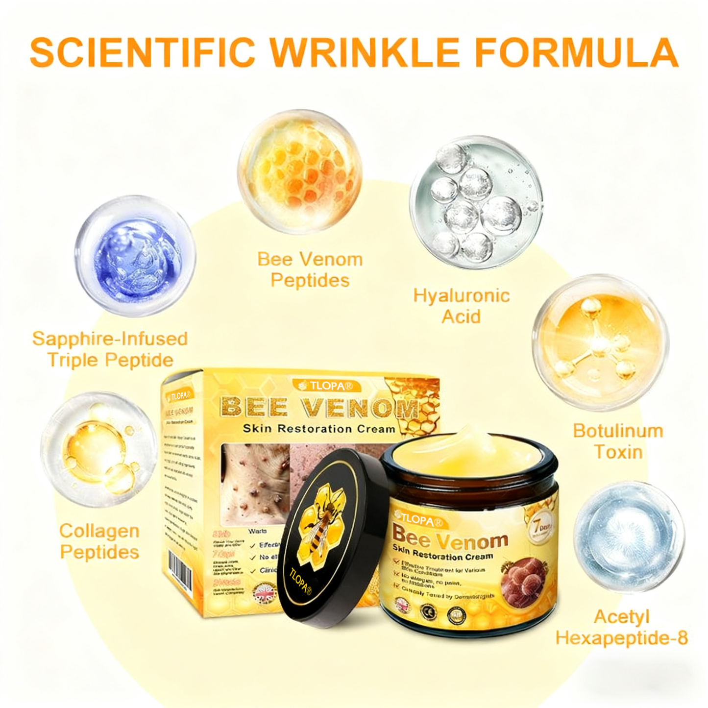 🍀TLOPA® Bee Venom Skin Restoration Cream –💖 Anti-aging,Hydrating, Skin Repair, Even Tone, Acne and Dark Spot Treatment, Wart and Mole Removal, Psoriasis Relief